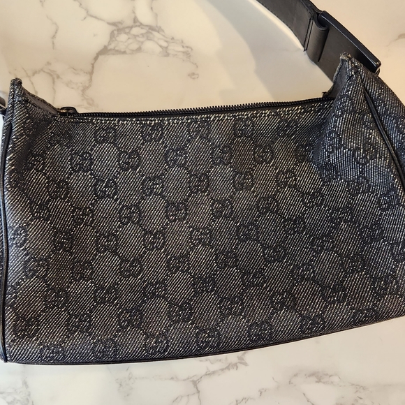 GUCCI Gray/ Black Denim GG Web Monogram Shoulder Bag - Picture 12 of 13
